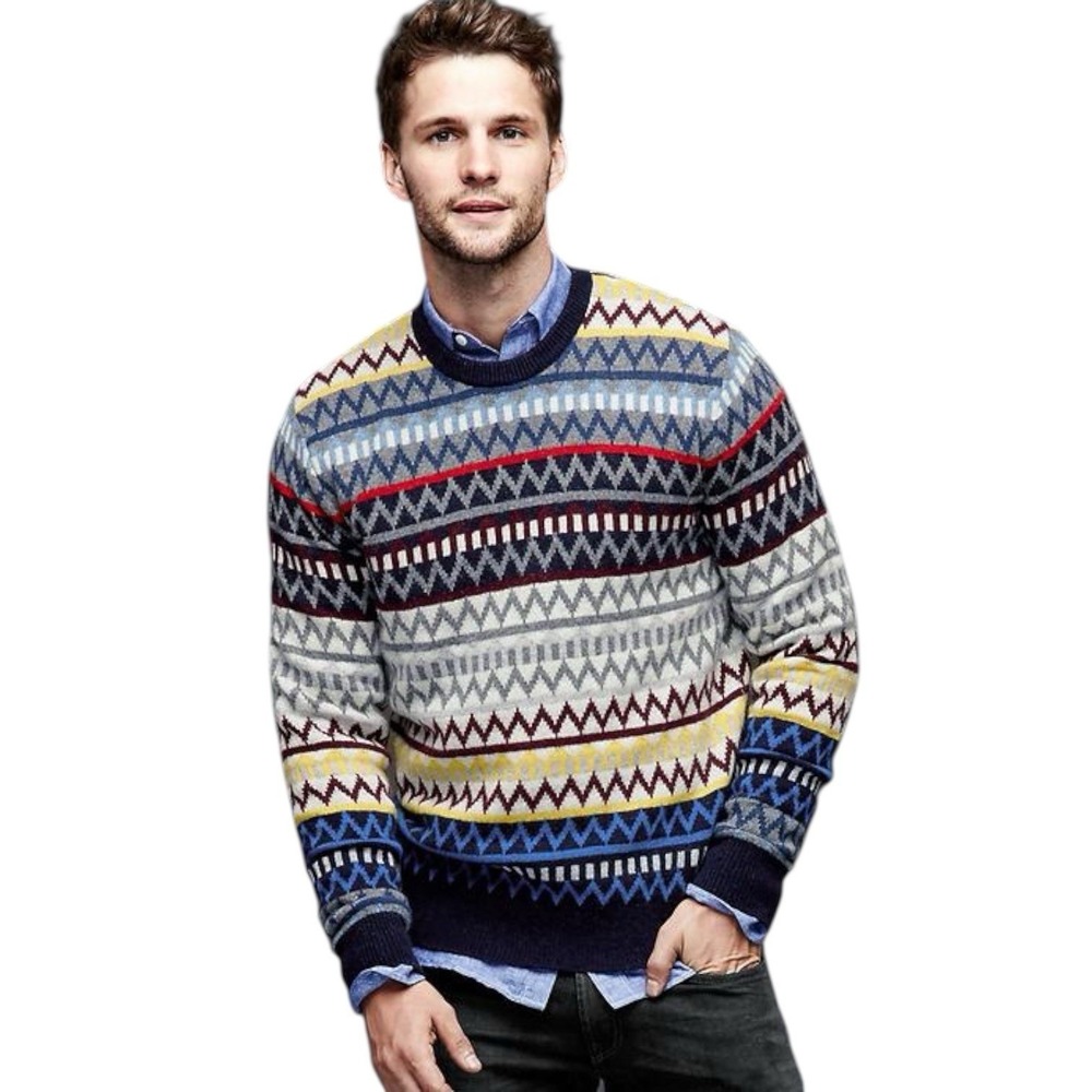 GAP Multicolor Zig Zag Fair Isle‎ Knit Sweater Men's M Lambswool Crew Neck